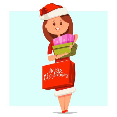 Noel alışverişi. Elinde bir paket ve hediye kutusuyla Noel Baba şapkalı şirin bir kızın vektör çizgi film karakteri. Arka planda izole edilmiş genç bir kadın tasviri.