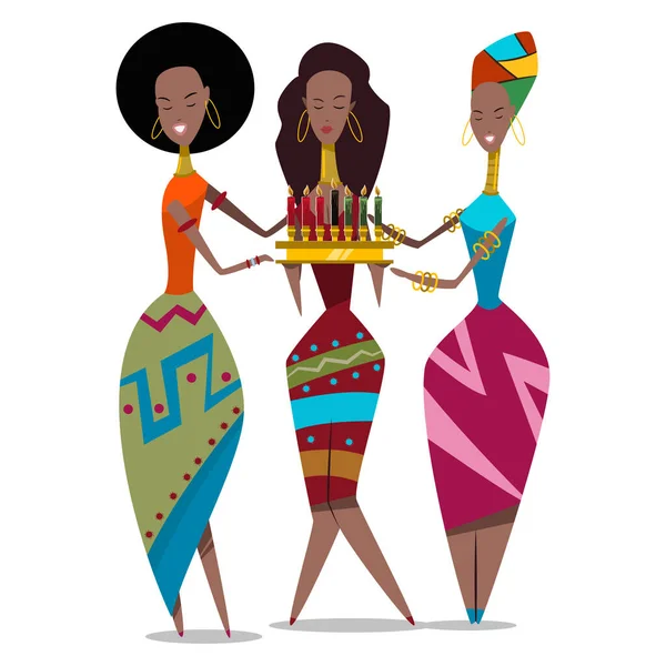 Mutlu Kwanzaa tatil illüstrasyonları. Beyaz bir arka planda mumları olan üç Afrikalı Amerikalı kadının vektör çizgi filmi düz karakteri.
