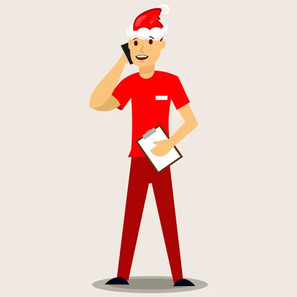 Delivery Man Red Santa Hat Mobile Phone Vector Christmas Illustration — Stock Vector