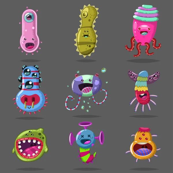 Funny Bacteria Virus Germ Vector Cartoon Character Set Cute Monster — Vettoriale Stock