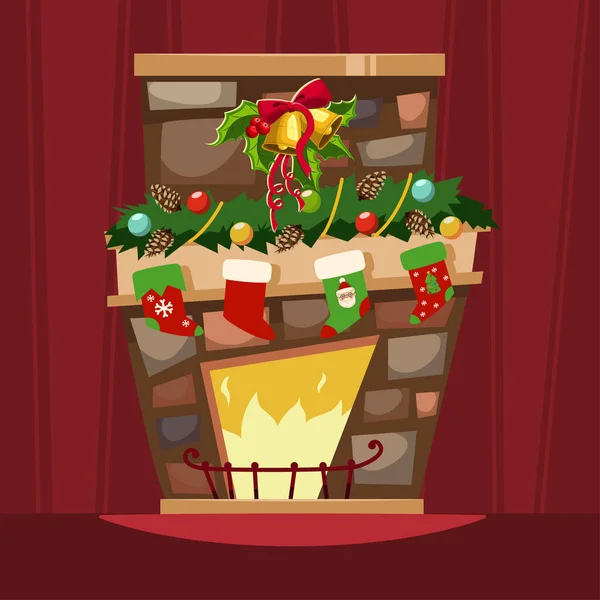 Christmas Fireplace Mantle Stockings Gifts Holly Berry Leaves Bell Vector — Stock vektor