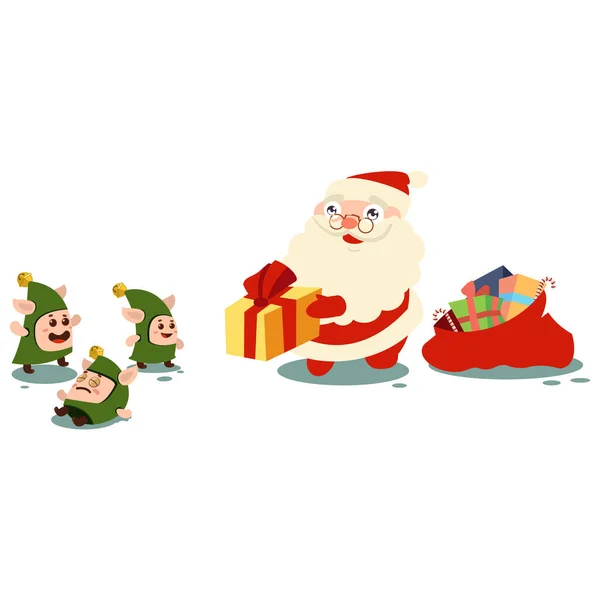プレゼントやかわいいエルフとサンタクロース 白い背景に隔離されたベクトル漫画のキャラクター — ストックベクタ