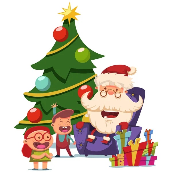 Der Süße Weihnachtsmann Sitzt Mit Kindern Sessel Neben Dem Weihnachtsbaum — Stockvektor
