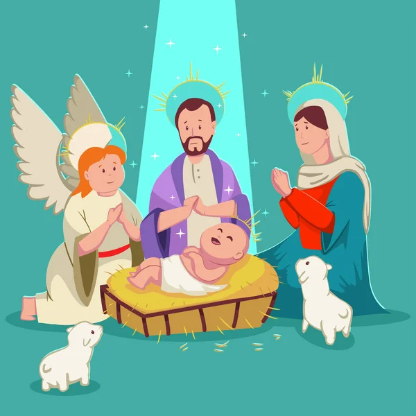 Geburt Jesu Weihnachtskrippe Vektor Niedliche Cartoon Illustration Isoliert Auf Dem — Stockvektor