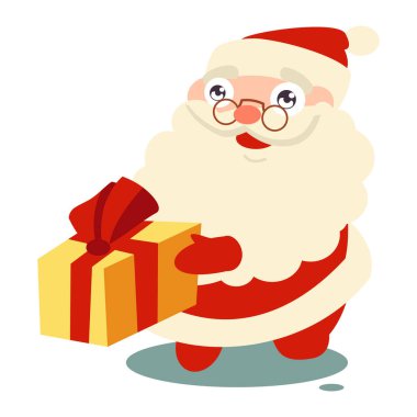 Hediyesi olan Noel Baba. Beyaz arkaplanda izole edilmiş vektör çizgi film karakteri.