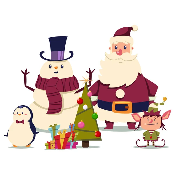 Weihnachtsmann Elfe Schneemann Und Niedlicher Pinguin Stehen Neben Dem Weihnachtsbaum — Stockvektor