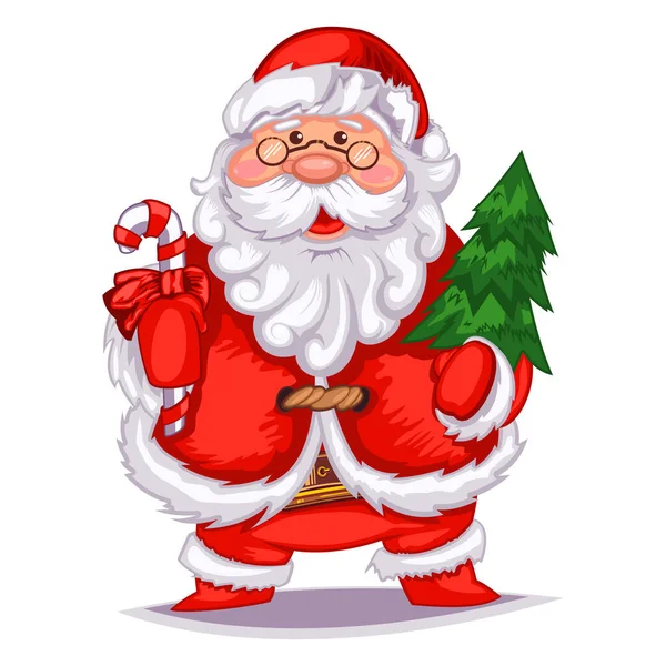 Cartoon Weihnachtsmann Mit Weihnachtsbaum Und Zuckerrohr Vektor Cartoon Figur Isoliert — Stockvektor