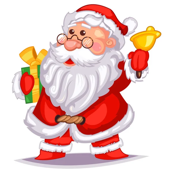 Netter Weihnachtsmann Mit Geschenken Und Weihnachtsglocke Vektor Cartoon Figur Isoliert — Stockvektor