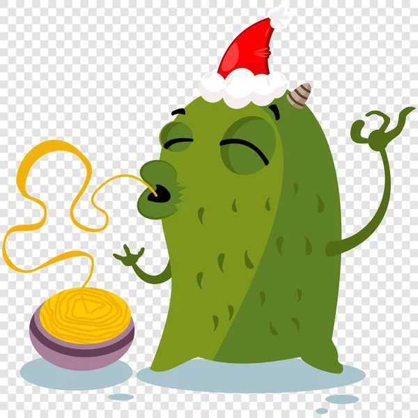 Kreskówkowy Bożonarodzeniowy Potwór Czerwonym Kapeluszu Mikołaja Jedzący Spaghetti Ilustracja Wektora — Wektor stockowy
