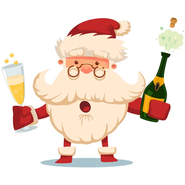 Netter Weihnachtsmann Mit Champagnerflasche Explosion Und Glas Vector Christmas Cartoon — Stockvektor