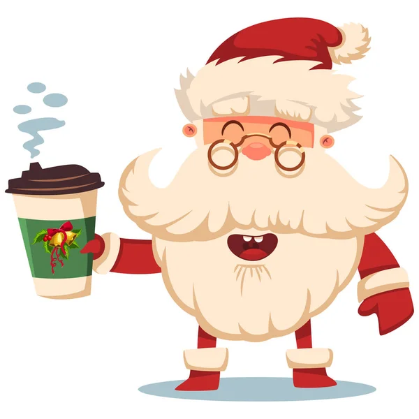Glad Jultomten Med Papper Kaffekopp Vektor Jul Tecknad Illustration Isolerad — Stock vektor