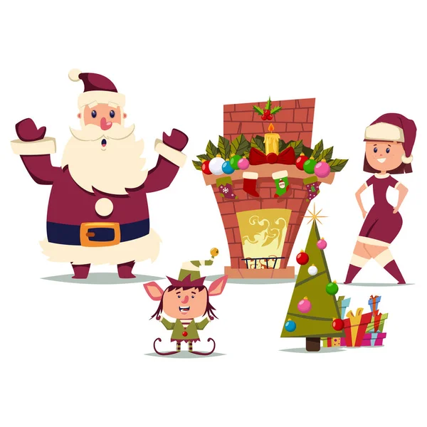 Der Weihnachtsmann Mit Einem Mädchen Und Einer Elfe Neben Dem — Stockvektor