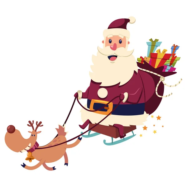 Lustige Weihnachtsmänner Fliegen Auf Einem Schlitten Mit Einem Fröhlichen Rentier — Stockvektor