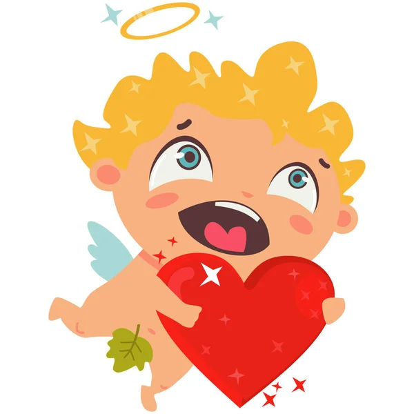 Lindo Cupido Sosteniendo Corazón Rojo Símbolo San Valentín Ilustración Vectorial — Vector de stock