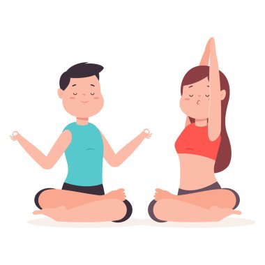 Yoga pozu veren sevimli bir çift. Vektör karikatür adamı ve kadın karakteri arka planda izole edilmiş. Sağlıklı yaşam tarzı ve uygunluk çizimi.