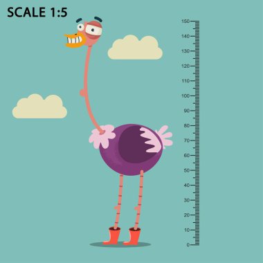 Gülen bir çizgi film devekuşu ve cetvelle ölçülen cetveli olan çocuklar. Mavi gökyüzünde ve beyaz bulut arka planında izole edilmiş bir kuşun vektör çizimi.
