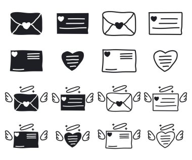 Sevgililer günü aşk mektupları, kalp, melek kanadı ve halesi. Vektör karikatür çizimi beyaz arkaplanda izole edildi.