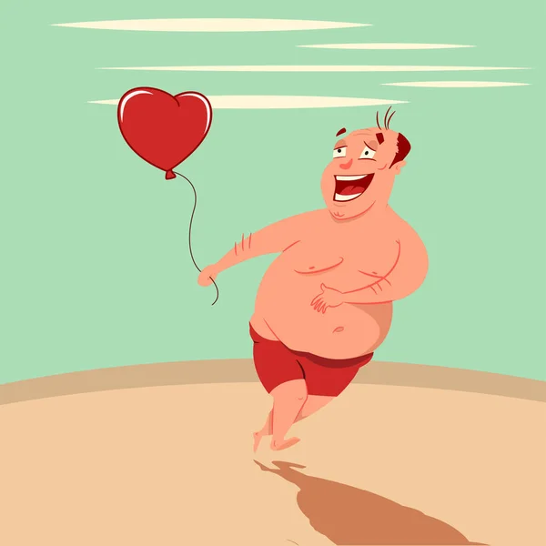 Щасливий Товстун Біжить Уздовж Пляжу Червоною Кулею Формі Серця Векторна — стоковий вектор