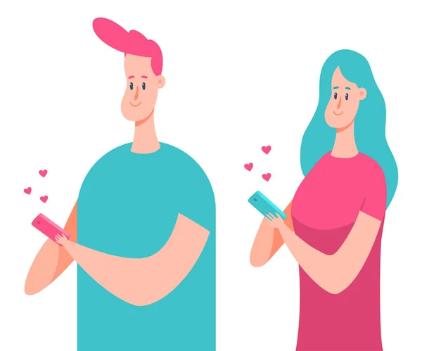 Hombre Mujer Con Teléfono Móvil Enviar Mensajes Amor Vector Dibujos — Vector de stock