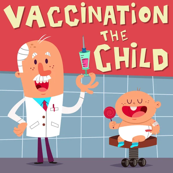 - Çocuğun aşısı için. Şırıngalı komik doktorlu vektör çizimi ve lolipoplu şirin bir bebek..