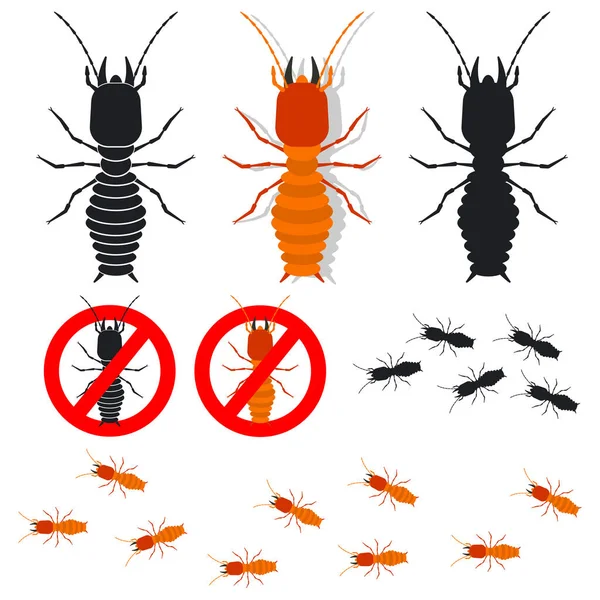 Conjunto Iconos Vectoriales Termitas Signos Para Control Insectos Ilustración Escarabajos — Vector de stock