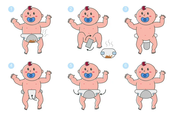 Stadien Des Windelwechsels Neugeborenen Baby Vektor Cartoon Infografiken Niedliches Kind Stockvektor