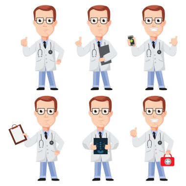 Doktor çizgi film karakteri tasarımı. Sunumdaki düz insanlar beyaz arkaplanda izole edilmiş pozlar verirler.