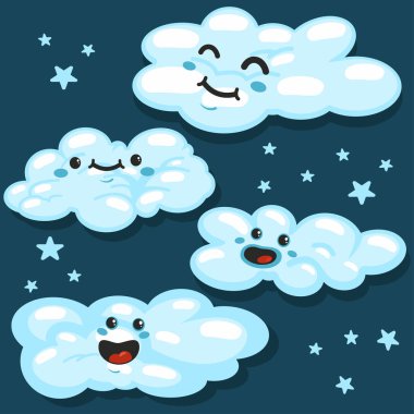 Mavi arka planda farklı duyguları olan sevimli tüylü bulutlar. Vektör seti.