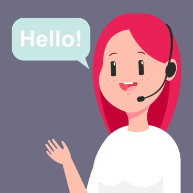 Müşteri hizmetlerinde kız danışman. Kadın çağrı merkezi operatörünün arka planda izole edilmiş konuşma baloncuğu ve kulaklıkla vektör çizimi.