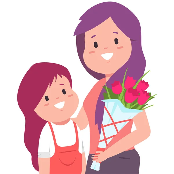 Happy Mother Day Image Mom Daughter Bouquet Flowers Векторный Мультфильм — стоковый вектор