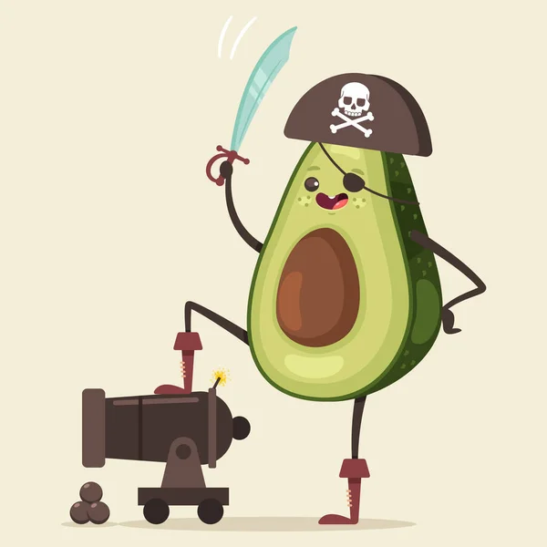 Lustige Pirat Avocado Mit Hut Augenklappe Schwert Und Kanone Mit — Stockvektor