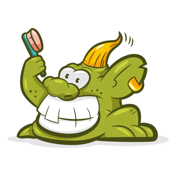 Troll Sorridente Com Uma Escova Dentes Vector Personagem Monstro Cartoon —  Vetores de Stock