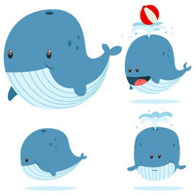 Mavi balinanın tatlı bebeği farklı pozlarda. Beyaz arka planda izole edilmiş bir deniz hayvanı çizgi film karakteri seti..