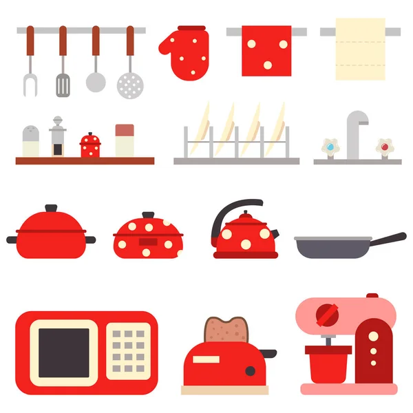 Herramientas Cocina Para Cocinar Utensil Electrodomésticos Vector Conjunto Plano Aislado — Vector de stock