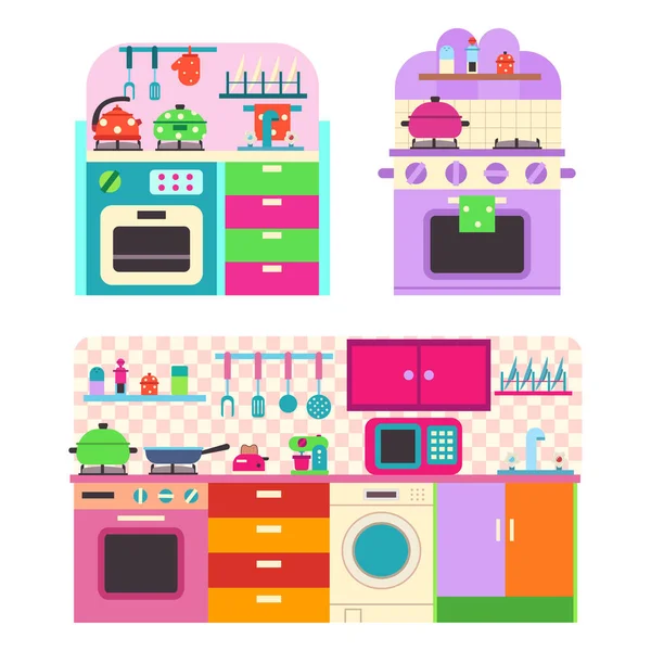 Toy kitchen set with utensil and household appliances for children. Vector cartoon flat illustration isolated on white background.