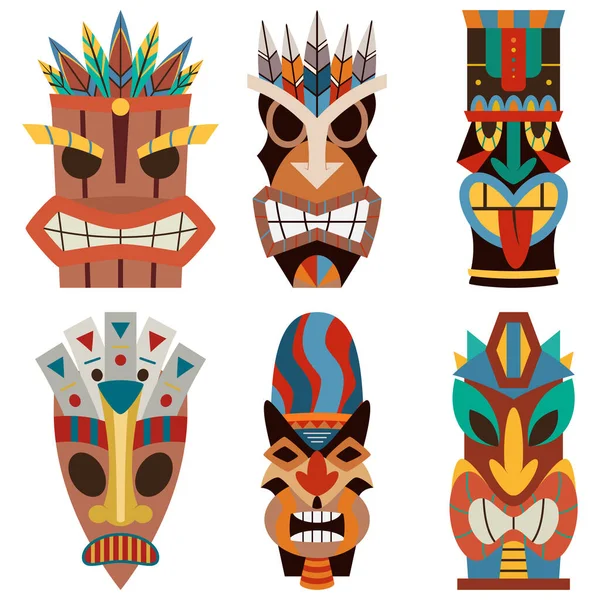 Máscara Tiki Vector Conjunto Corte Hawaiano Madera Disfraz Polinesia Iconos — Vector de stock