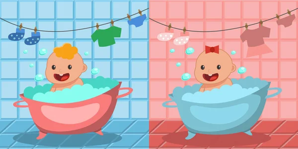 Roztomilá Koupel Pro Miminko Chlapec Dívka Koupající Vaně Pěnovými Bublinkami — Stockový vektor