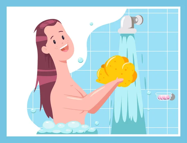 泡でシャワーを浴びている女性 ベクトル漫画かわいい女の子のキャラクターが背景に隔離 — ストックベクタ