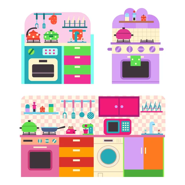 Spielzeug Küchenset Mit Utensilien Und Haushaltsgeräten Für Kinder Vector Cartoon Stockillustration