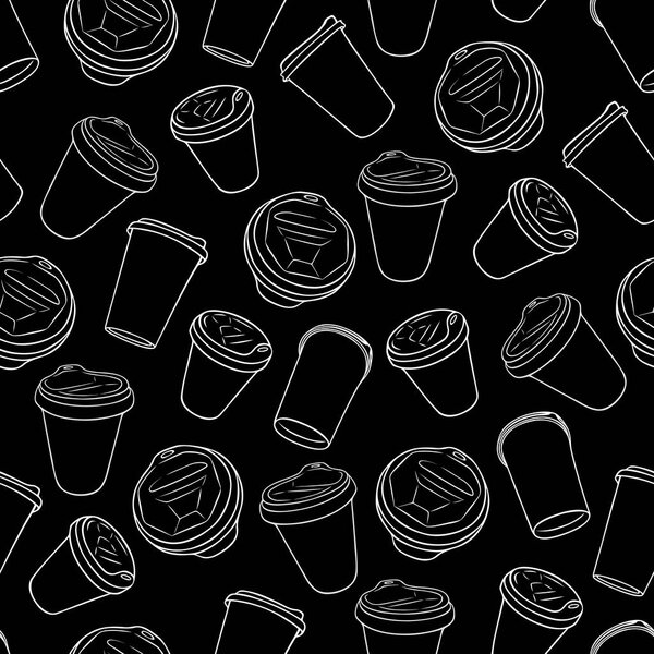 Coffee cups semless pattern. Cartoon coffee and tea mugs set. Vector coffee cup take away