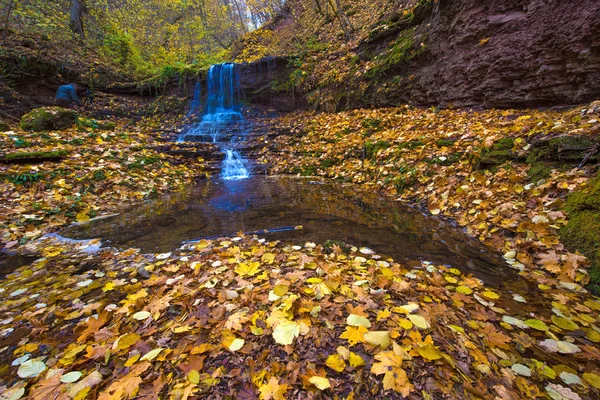 Uma paisagem mágica com uma cachoeira na floresta de outono (harmo — Fotografia de Stock