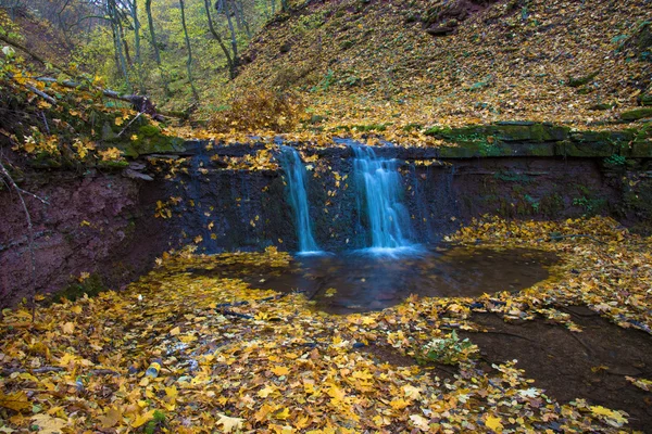 Piękny krajobraz z wodospadem w lesie jesienią (opraco — Zdjęcie stockowe