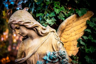 Eski mezarlıktaki antik bir heykel meleğinin bir parçası. Aşkın sembolü, görünmez güçler, saflık, aydınlanma, papazlık, kurtuluş. Savaş Arabası.