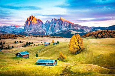 Gün batımında Dolomites Alpleri'ndeki Alpe di Siusi'de arka planda ahşap evler ile mistik büyülü fantastik sonbahar manzara. Egzotik harika yerler. (Meditasyon, sakin, anti-stres - kavram)