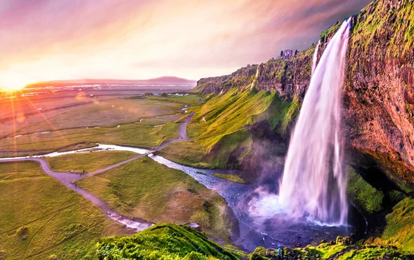 Air Terjun Yang Indah Mempesona Seljalandsfoss Islandia Matahari Terbenam Negara — Stok Foto