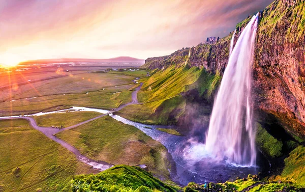 Charming Beautiful Waterfall Seljalandsfoss Icelandat Sunset Exotic Countries Amazing Places — Stock Photo, Image