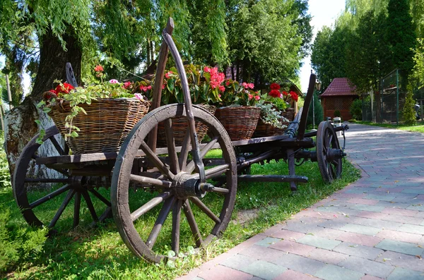 Korgar av blommor på gamla bonde vagn — Stockfoto