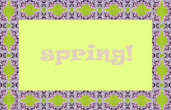 Ein Schild mit der Aufschrift "Frühling" im Rahmen fliederfarbener Blumen (motivat — Stockfoto