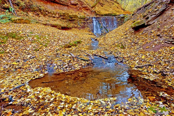 Piękny krajobraz z wodospadem w lesie jesienią. (Spo — Zdjęcie stockowe