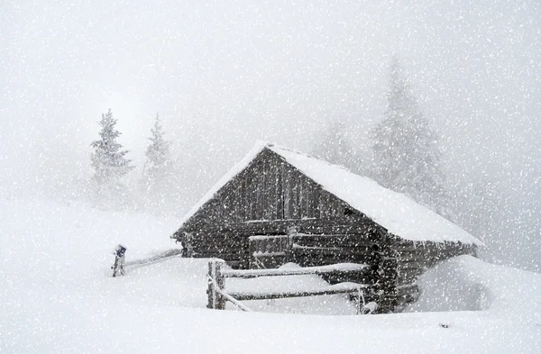 Mooie winterlandschap tijdens sneeuwval in de bergen — Stockfoto